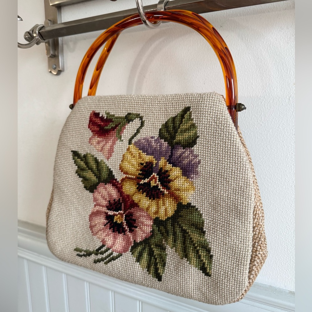 JR FLORIDA Vintage Floral Violet Embroidered Handbag With Tortoise Shell Handles